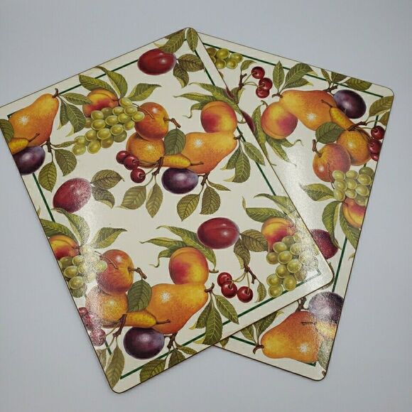 Cork Back Place Mats Fruit Harvest Vtg Plum Apple Green Grapes Pear Peach 2PC - Picture 9 of 16